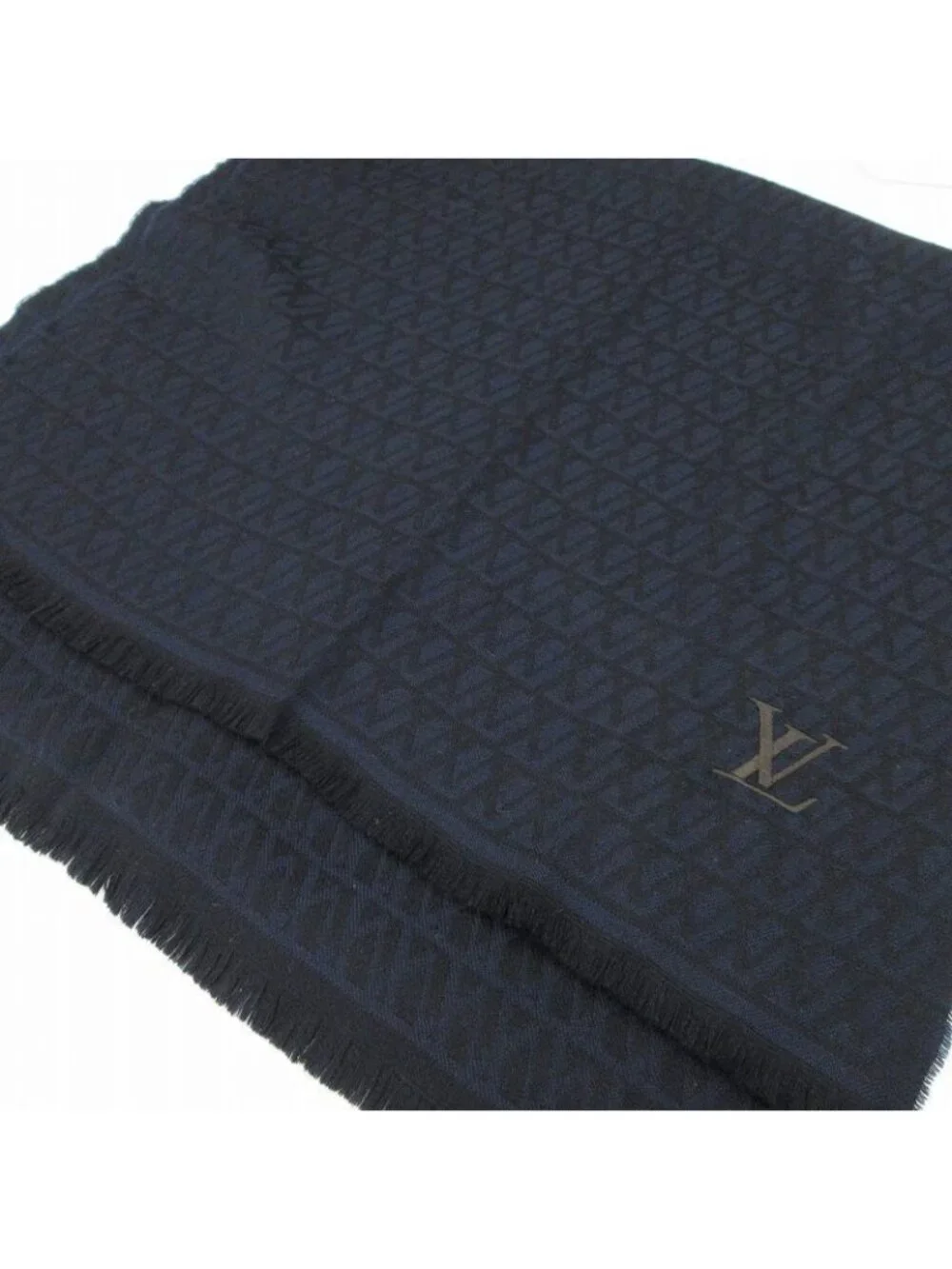 Louis Vuitton Scarf Shawl All Over Pattern Logo Embroidery Wool Navy Black 175